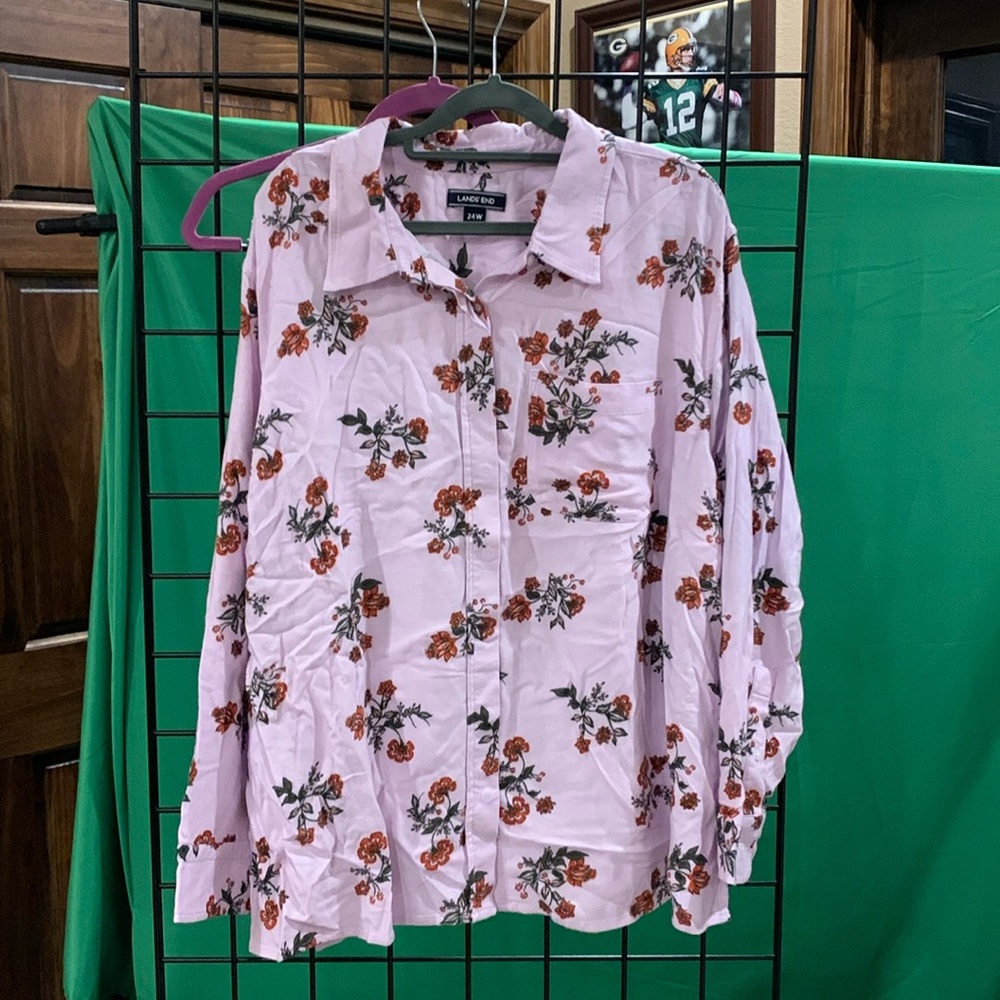 Lands, end, light flannel shirt, pink with red flowers, 24W